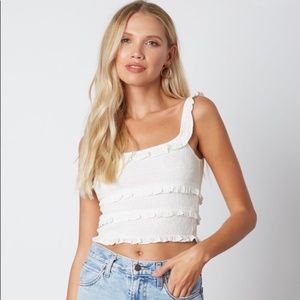 Urban Outfitters White UO Pepita Smocked Shirred Ruffle Cropped Tank Crop Top